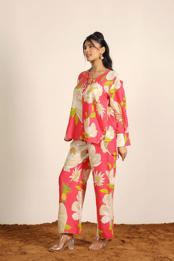 Pink and Multi Floral Oversized Long Shirts and Wide Legs Pant 100% Cotton Indo Western Co-ord Set