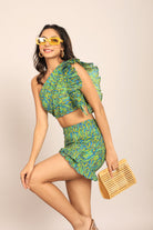 Green Western Cord-Set - Bust Fitted Top and Fitted Skirt - Kaoribyshreya