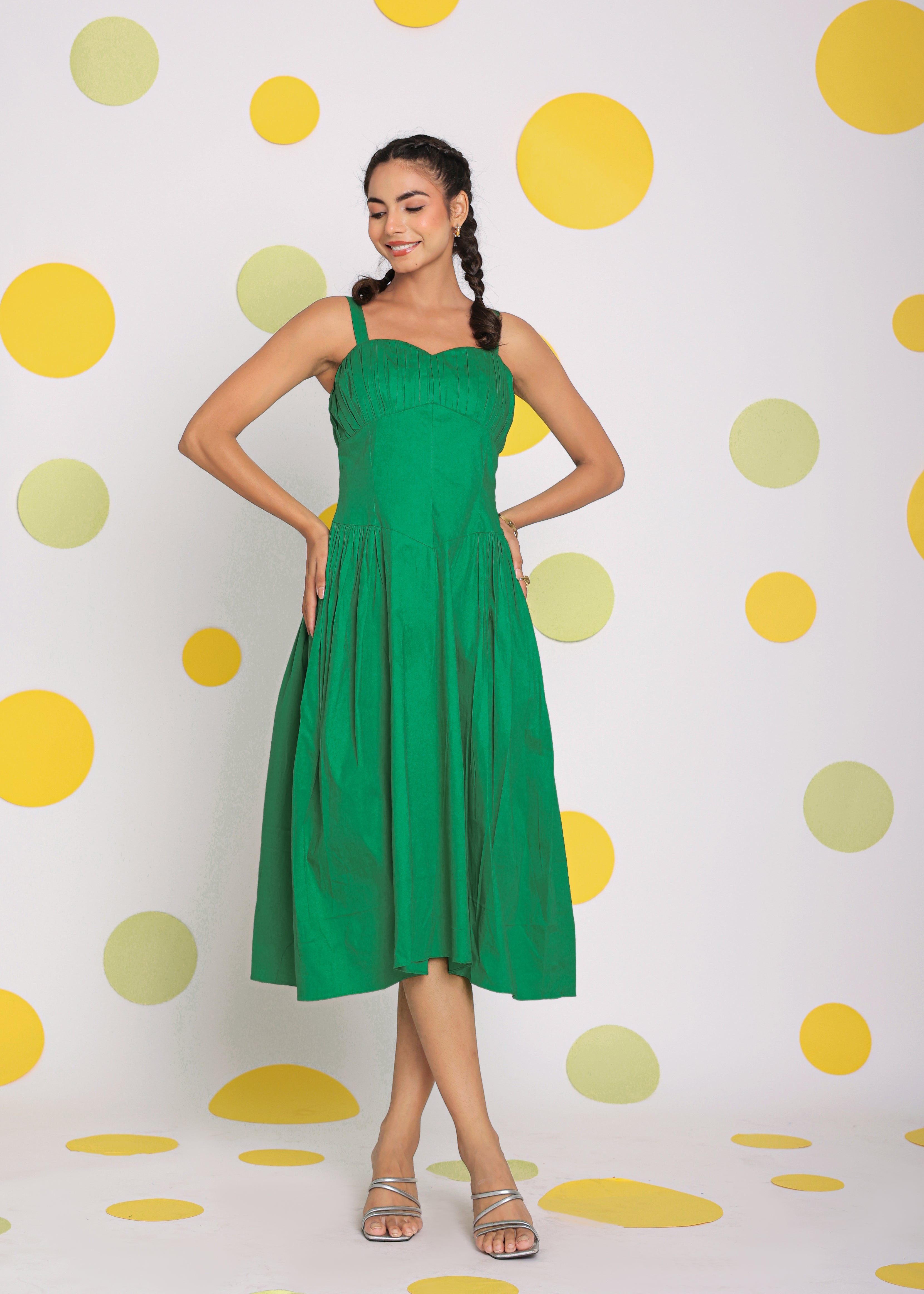 Green Corset Fitted Summer Cotton Lycra Midi Dress - Kaoribyshreya