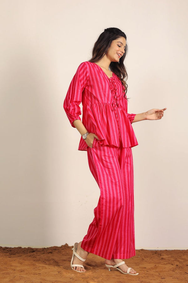 Red and Pink Smart Stripes Textile Print Resort/ Work Wear Tunic Shirts and Wide Legs Cotton Co-ord Sets