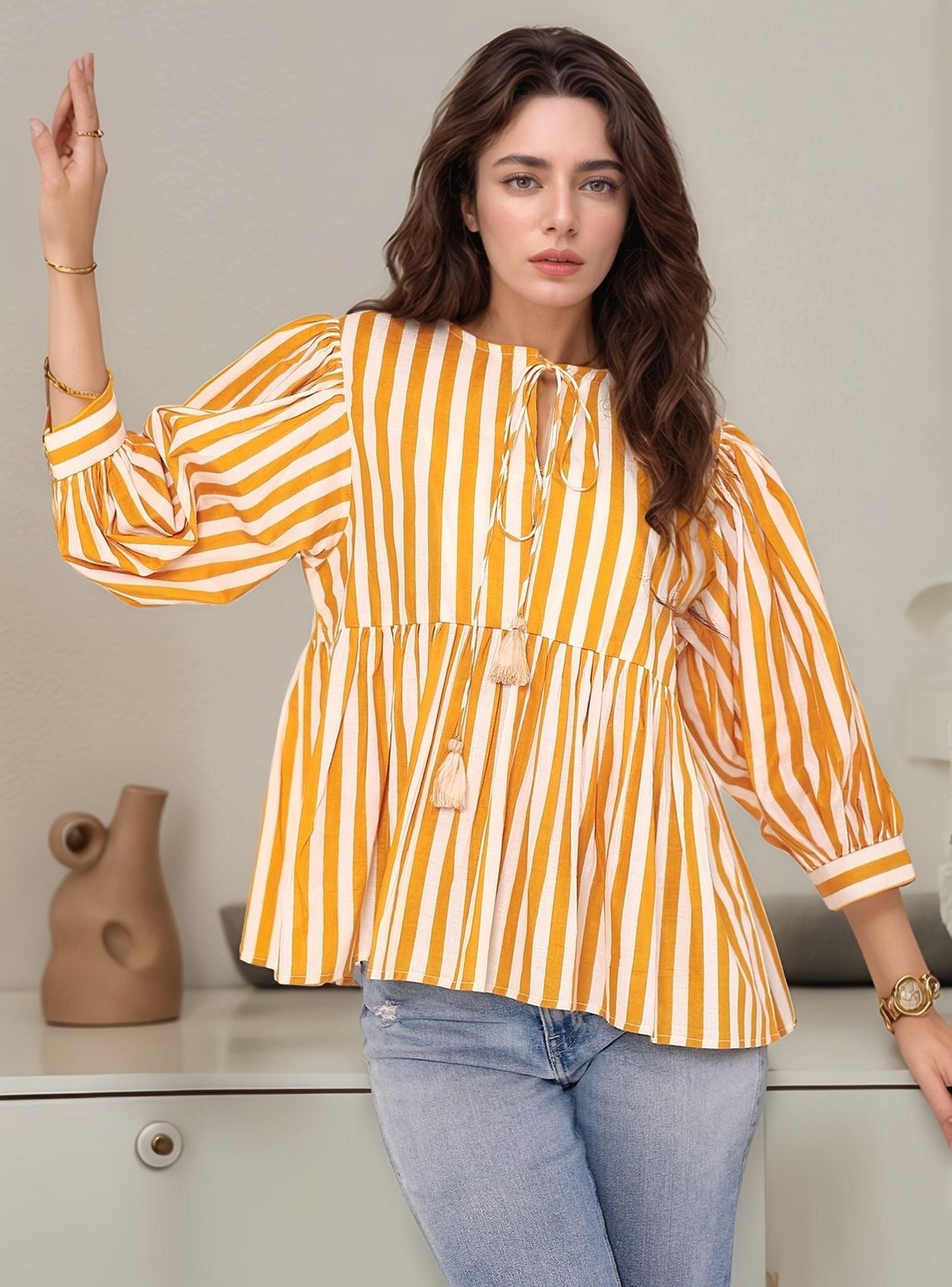 Yellow and White Striped Balloon Sleeve Peplum Cotton Top - Kaoribyshreya