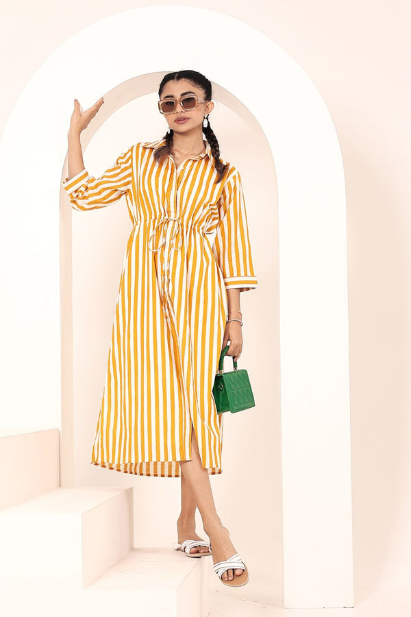 Yellow Striped Shirt Dress with Waist Drawstring