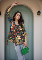 Navy Blue Tropical Print Criss-Cross Tie-Up Cotton Kurta Top - Kaoribyshreya