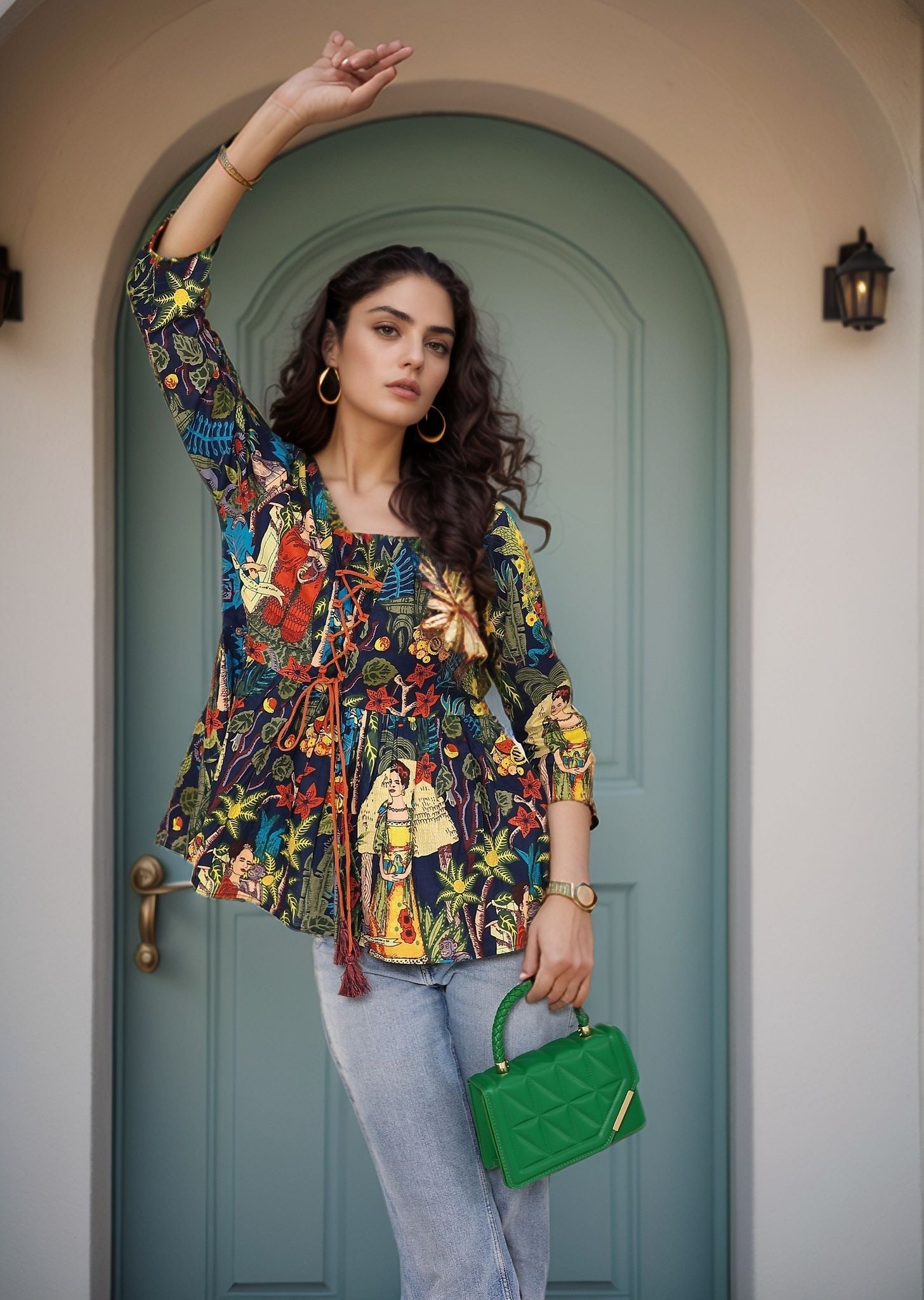 Navy Blue Tropical Print Criss-Cross Tie-Up Cotton Kurta Top - Kaoribyshreya