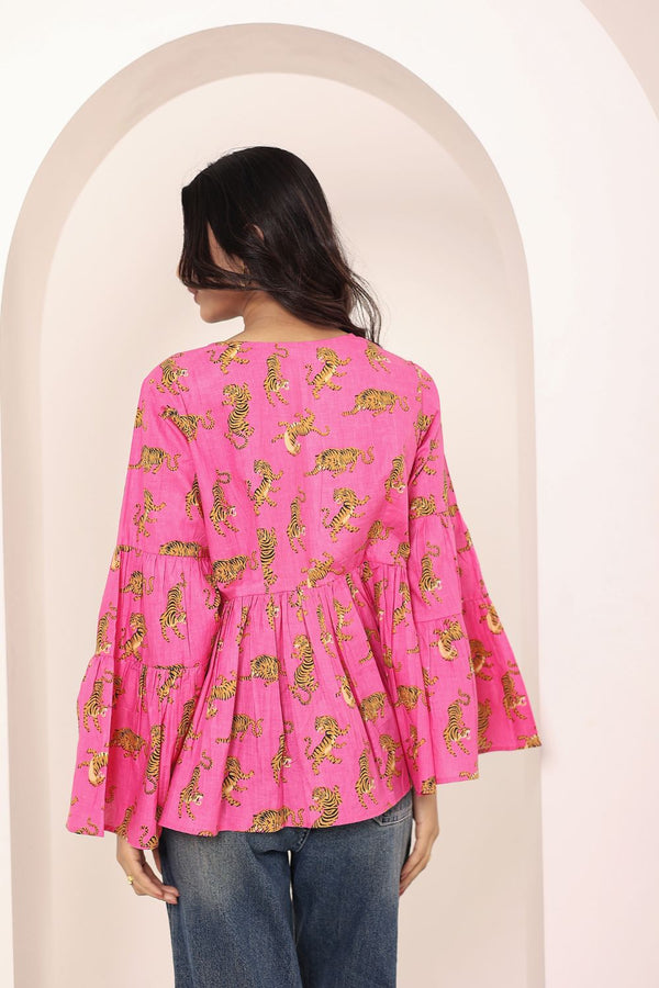 Pink Animal Print Bell Sleeve Peplum Cotton Top