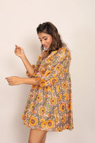 Sunflower Printed Yellow and Multicolor Relaxed Skater Short Dress - Kaoribyshreya