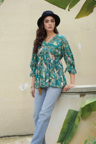 Teal Tropical Print Angrakha Style Cotton Kurta Top - Kaoribyshreya