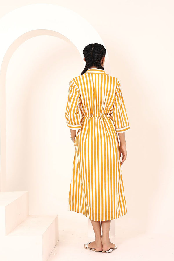 Yellow Striped Shirt Dress with Waist Drawstring