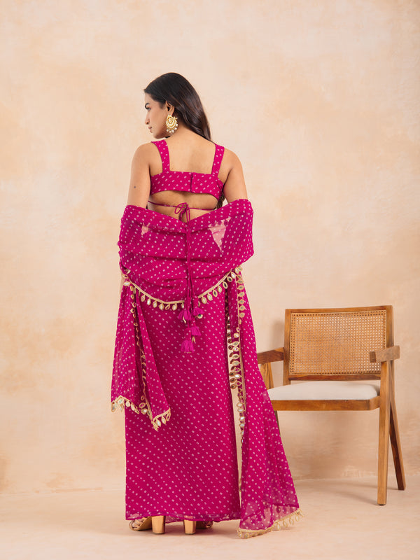ELINA - Fuchsia Pink Bandhej Multi-Styling Set with Mirror Lace Detailing