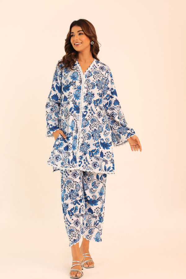 Blue and White Floral Printed Western Cord-Set Relaxed Top and Pant