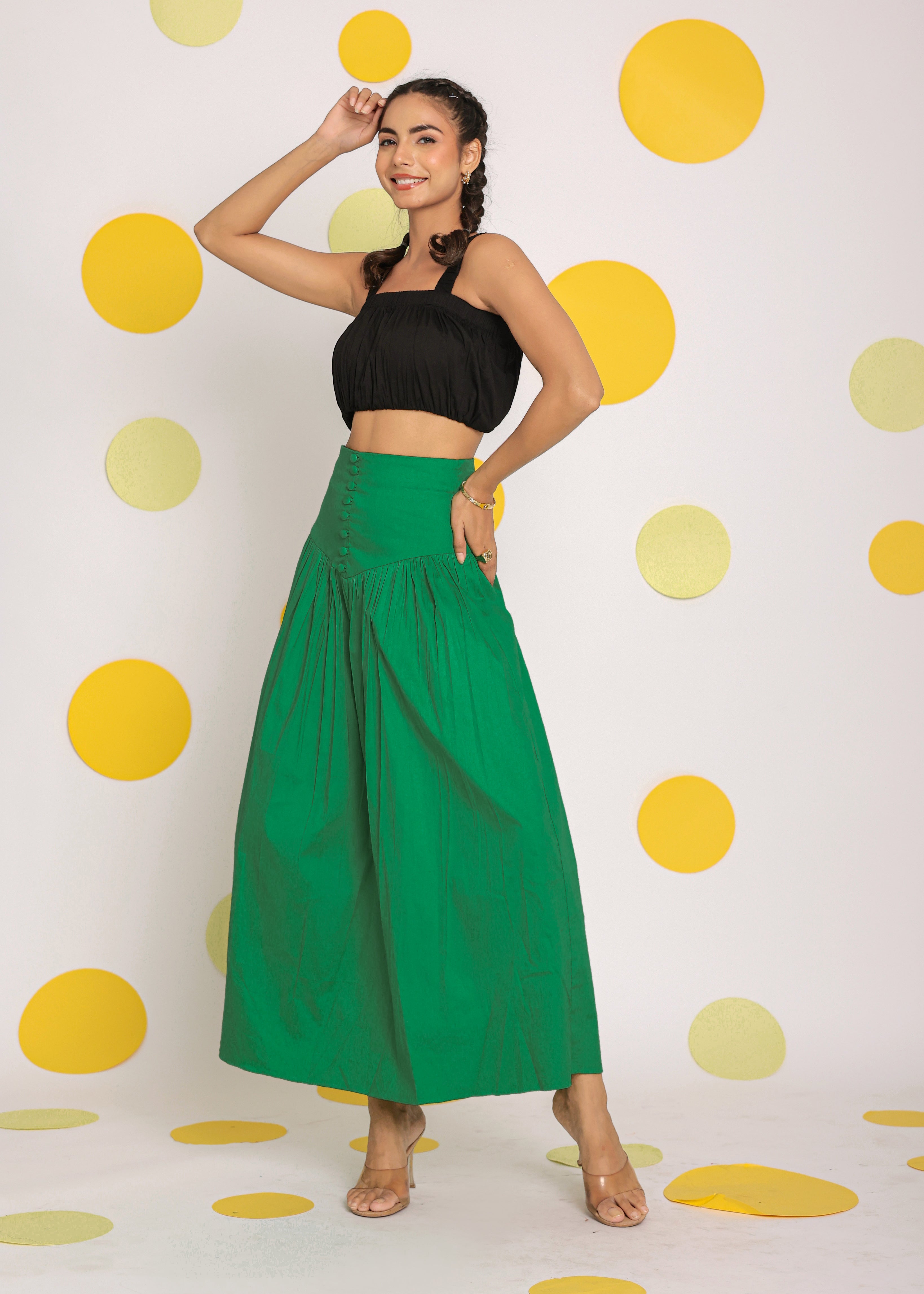 Black Crop Top and Corset Fitted Green Long Skirt Cotton Co-ord Set - Kaoribyshreya
