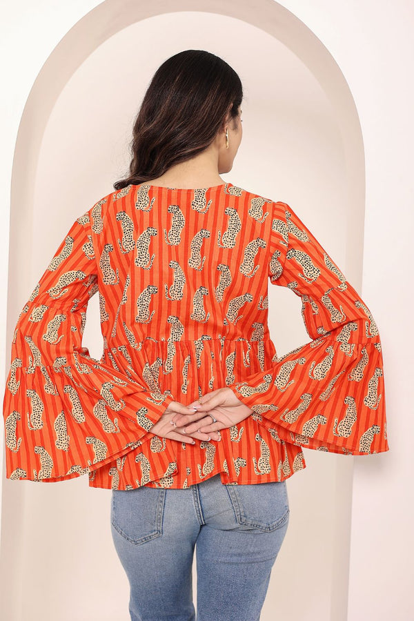 Orange Animal Print Bell Sleeve Peplum Cotton Top