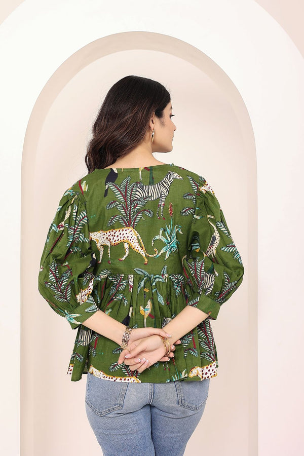 Green Tropical Print Balloon Sleeve Peplum Cotton Top