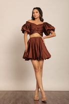 Coffee Brown Solid Western Cord-Set - Bust Fitted Top and Relaxed Skirt - Kaoribyshreya