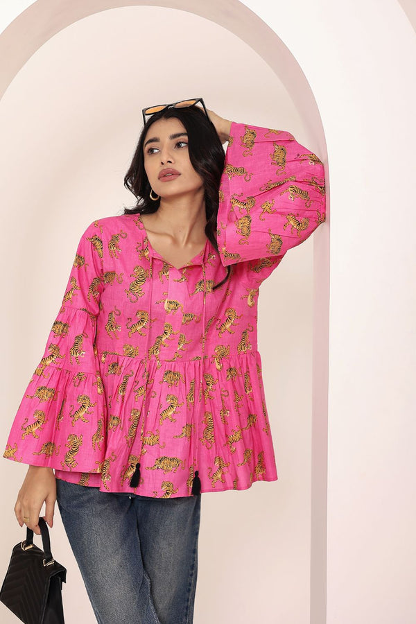 Pink Animal Print Bell Sleeve Peplum Cotton Top