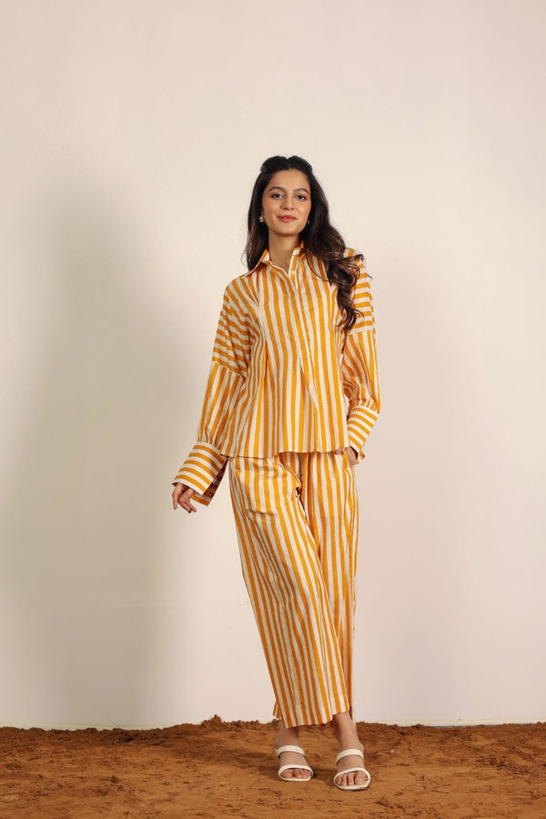 Yellow and White Textile Print Two Piece Set Smart Stripes Work Wear Shirts and Wide Legs Cotton Co-ord Set
