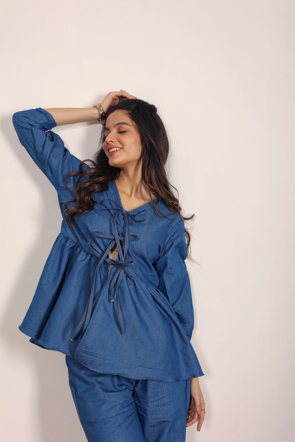 Solid Denim Cotton Two Piece Set Blue Front Tie Tunic Top