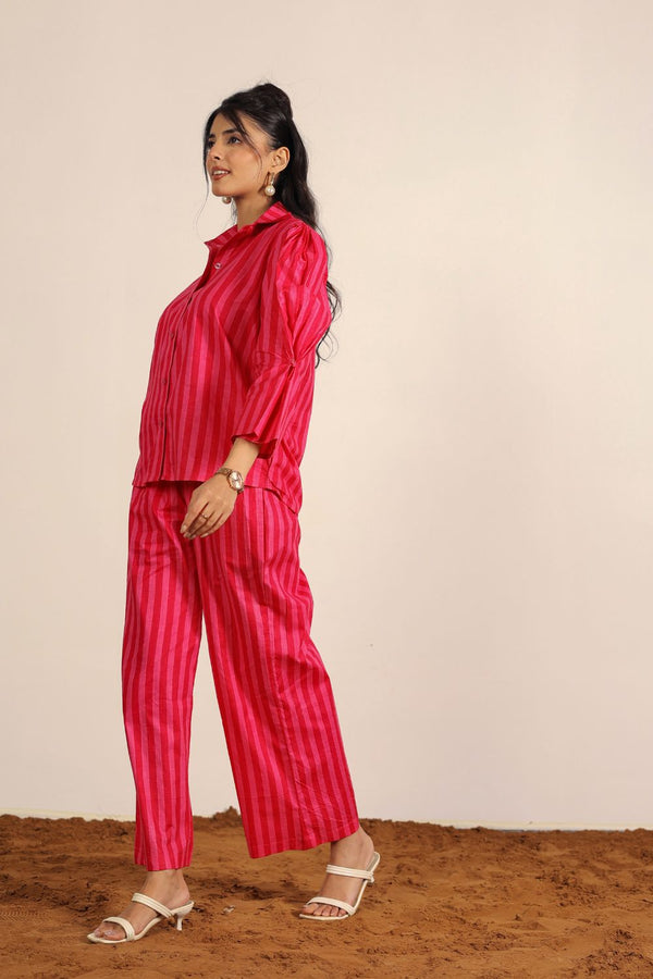 Pink and Red Textile Print Two Piece Set Smart Stripes Work Wear Collared Shirts and Wide Legs Cotton Co-ord Sets