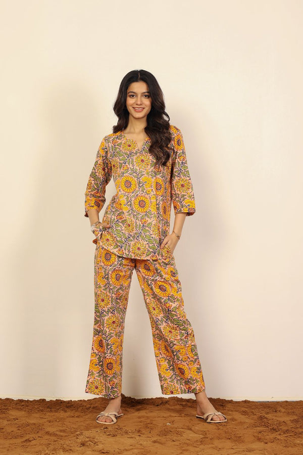 Yellow and Multicolor Floral Print Two Piece Sets Short Kurta Style V-Neck Top and Wide Pant 100% Cotton Co-ord Set