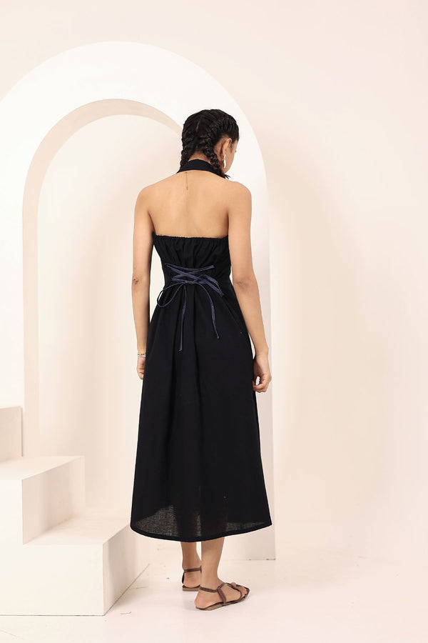 Black Linen Blend Halter Shirt Dress with Back Tie