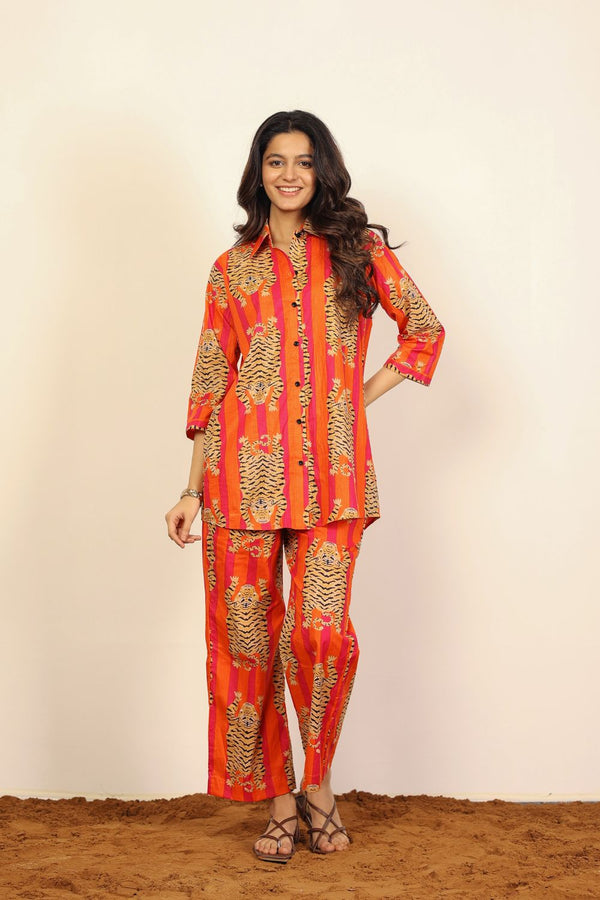 Orange and Multicolor Tropical Summer Print Oversized Shirts and Wide Legs Pant 100% Cotton Co-ord Sets