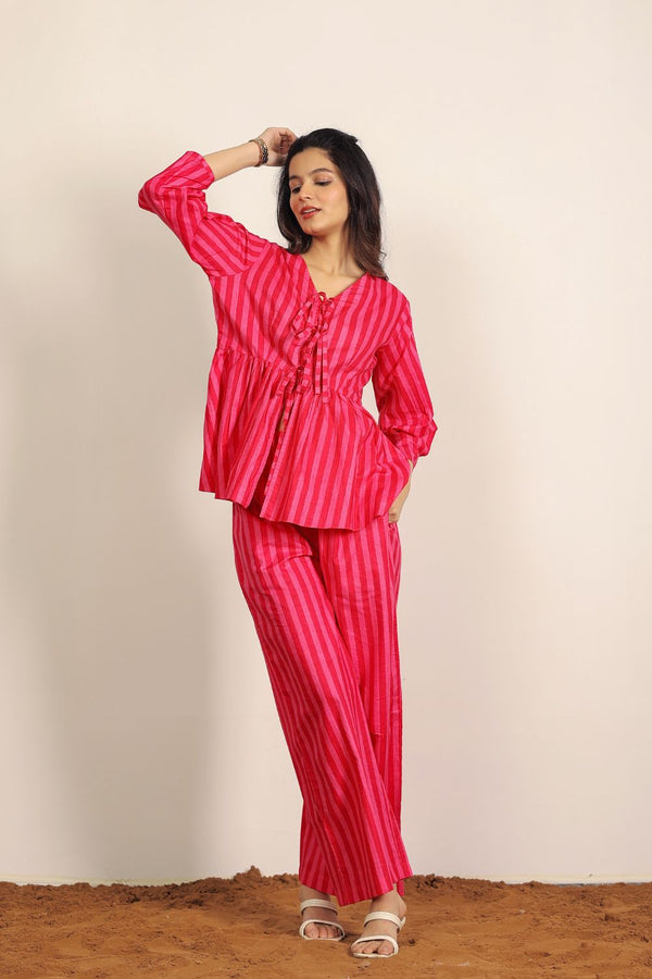 Red and Pink Smart Stripes Textile Print Resort/ Work Wear Tunic Shirts and Wide Legs Cotton Co-ord Sets