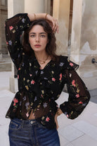 Black Floral Chiffon Full-Sleeve Peplum Top - Kaoribyshreya