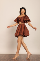 Coffee Brown Solid Western Cord-Set - Bust Fitted Top and Relaxed Skirt - Kaoribyshreya