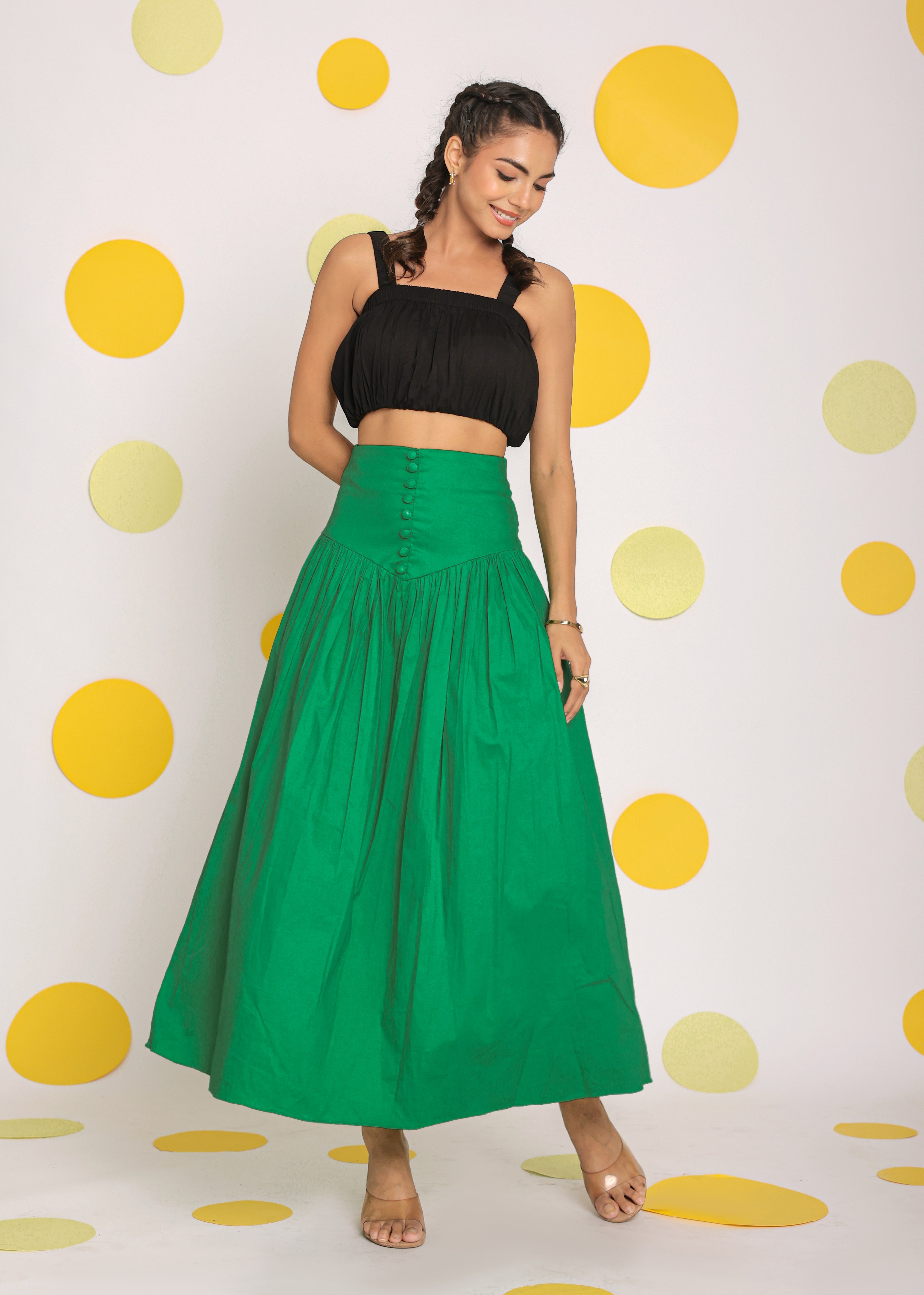 Green Corset Belt Resortwear Cotton High Waist Long Skirt - Kaoribyshreya