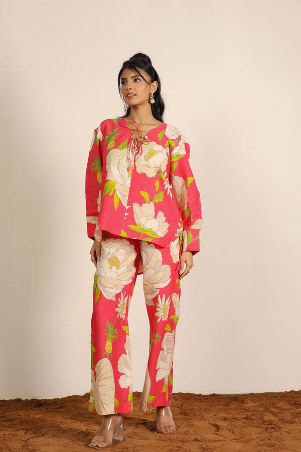 Pink and Multi Floral Oversized Long Shirts and Wide Legs Pant 100% Cotton Indo Western Co-ord Set