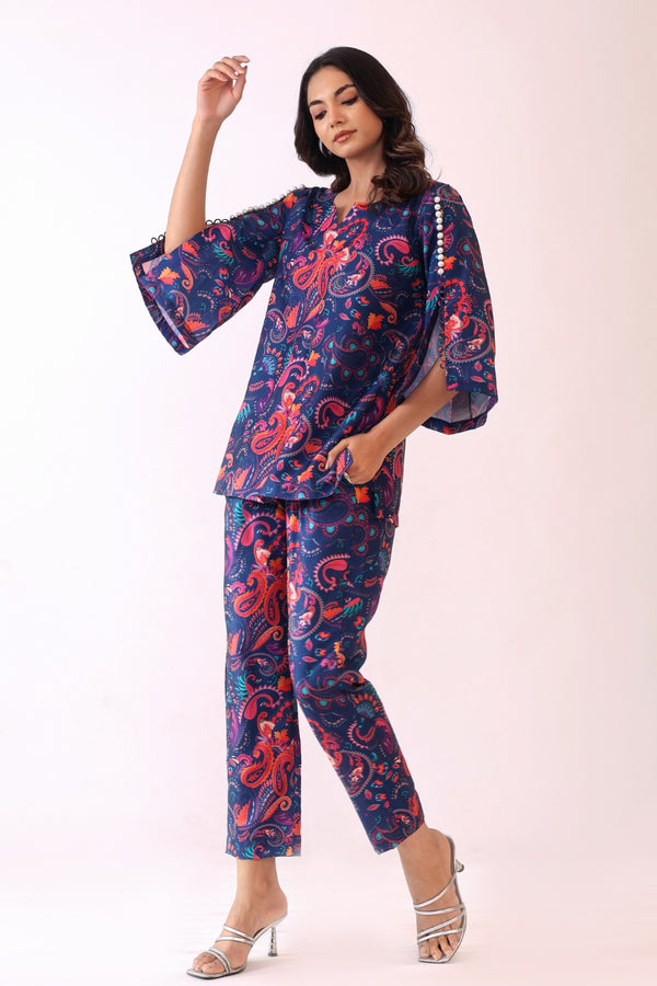 Blue and Pink  Printed Relaxed Cord-Set Top and Pant with 2 Pant Pockets