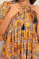 Sunflower Printed Yellow and Multicolor Relaxed Skater Short Dress - Kaoribyshreya