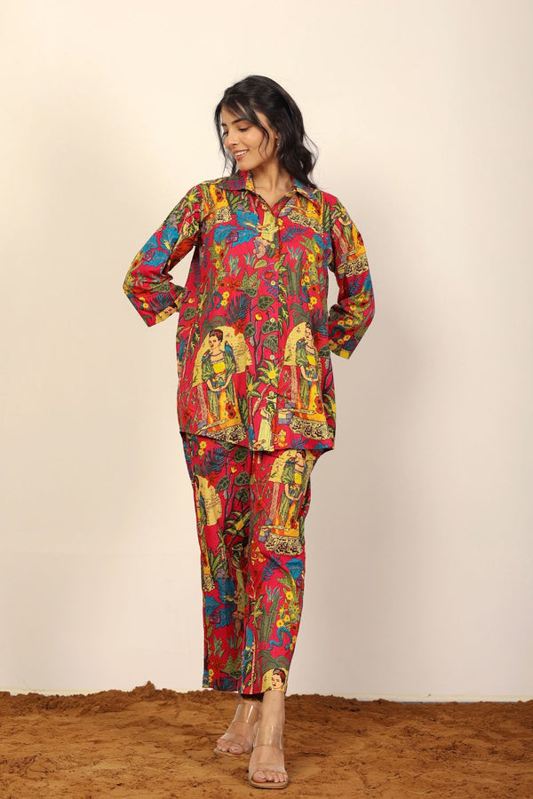 Multicolor Tropical Summer Print Print Oversized Shirts and Straight Legs Pant 100% Cotton Co-ord Set