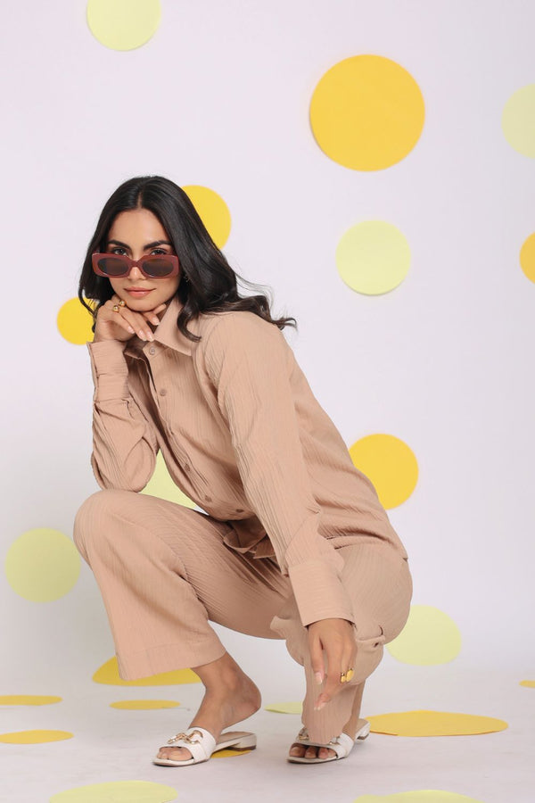 Beige Shirt and Pant Two Piece Set Summer Everyday Wear Co-ord Set