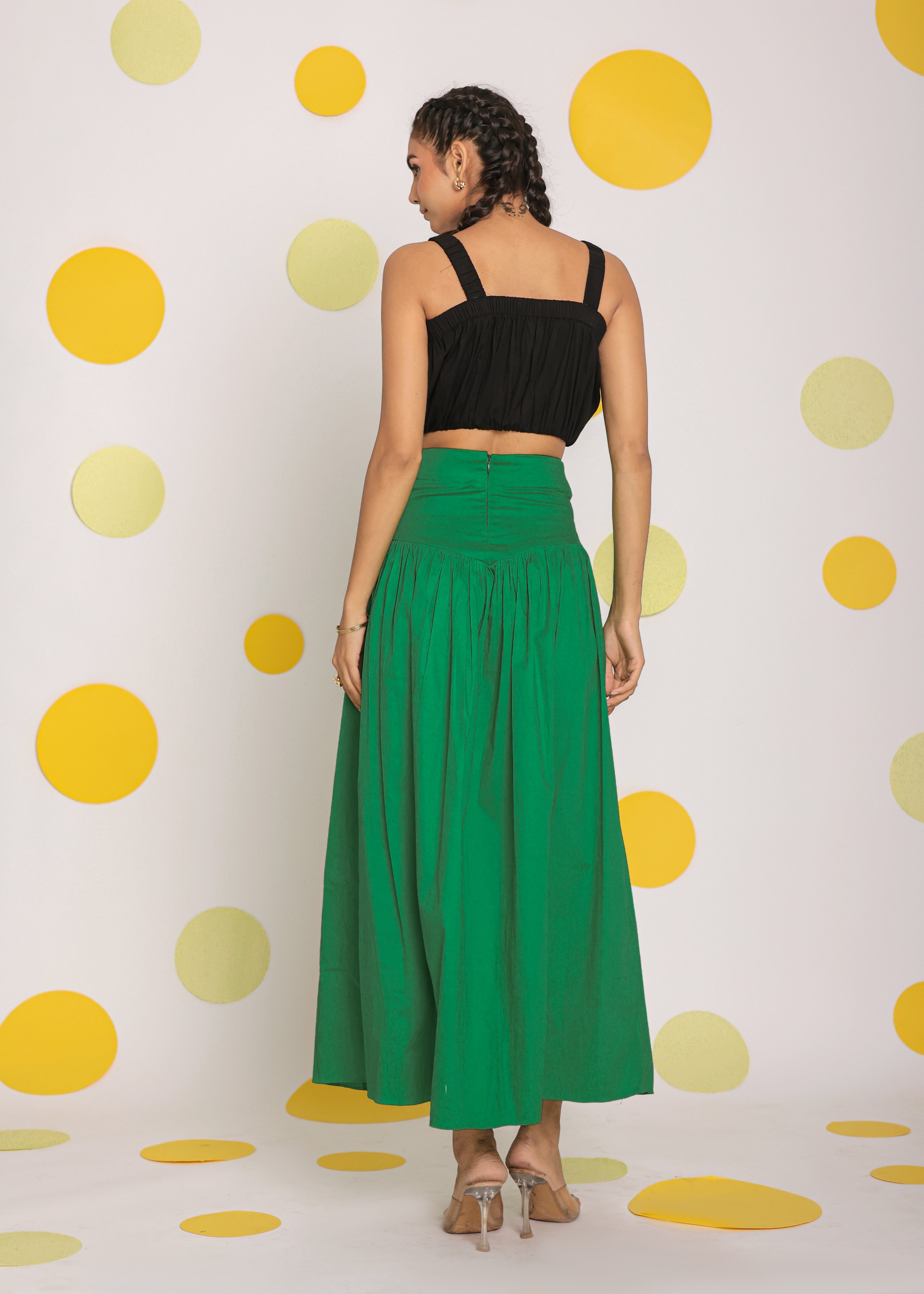 Black Crop Top and Corset Fitted Green Long Skirt Cotton Co-ord Set - Kaoribyshreya