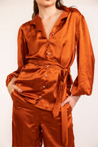 Rust Satin Scallop Cutout Placard Shirt with Coordinated Pant Set