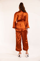 Rust Satin Scallop Cutout Placard Shirt with Coordinated Pant Set