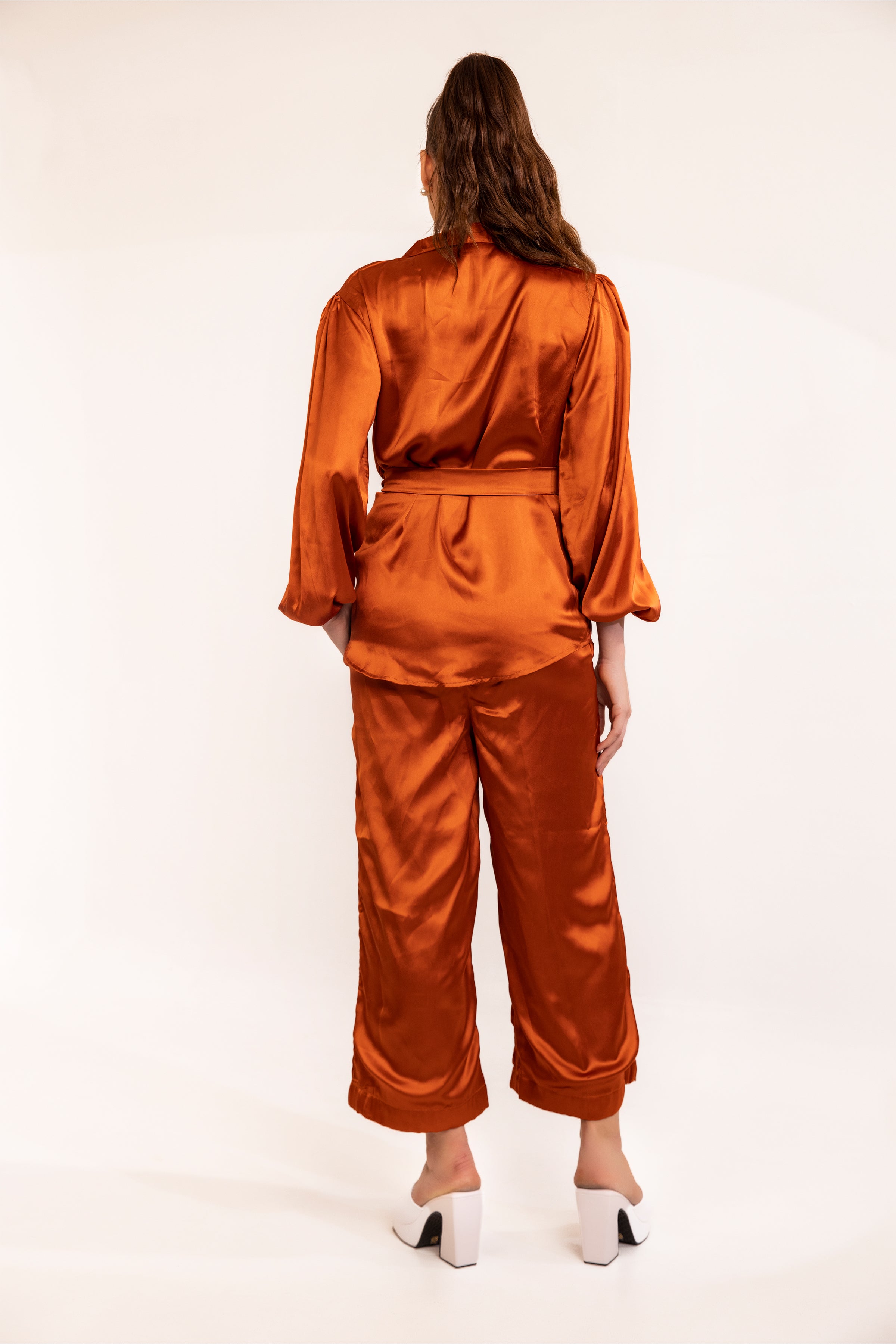 Rust Satin Scallop Cutout Placard Shirt with Coordinated Pant Set