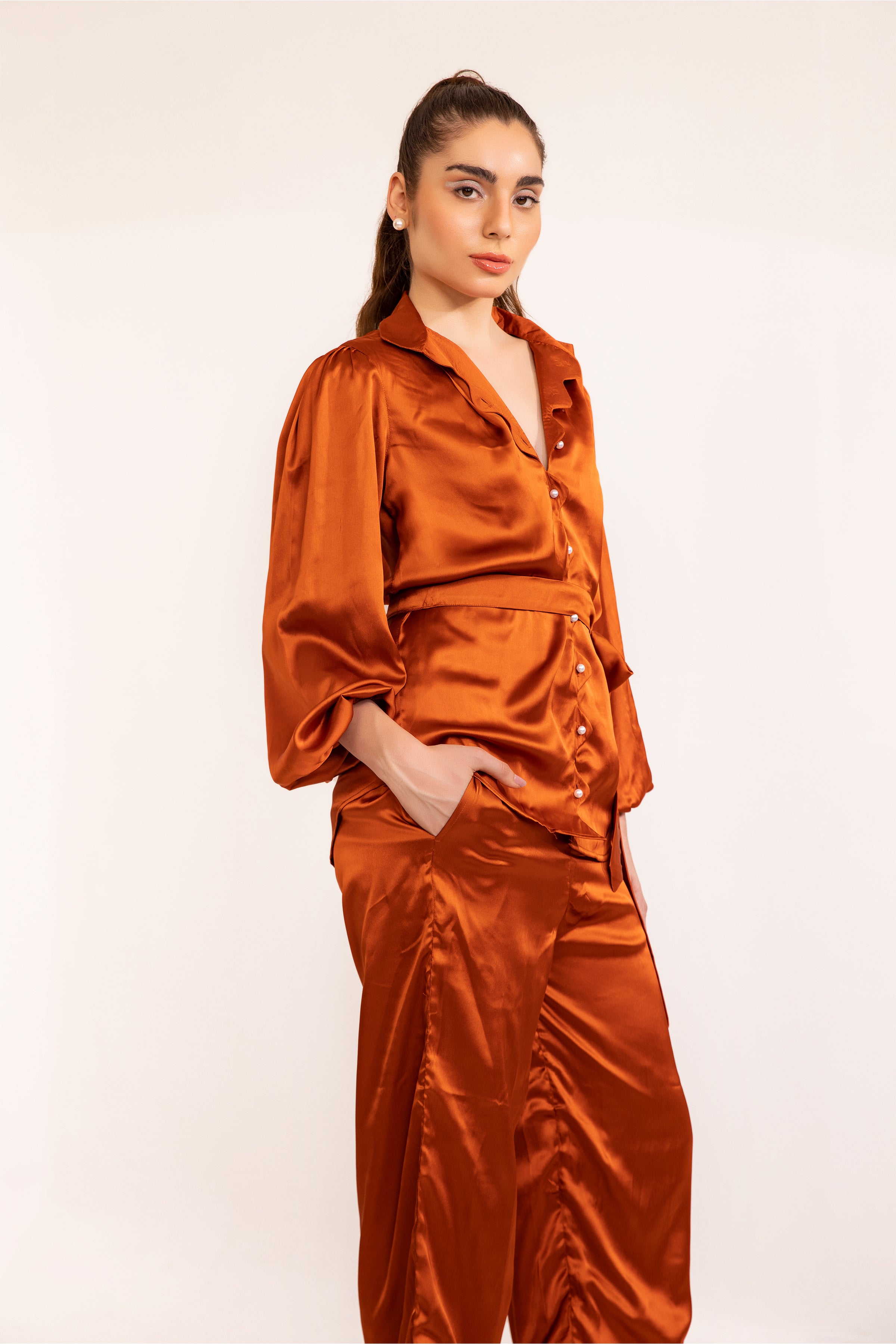 Rust Satin Scallop Cutout Placard Shirt with Coordinated Pant Set