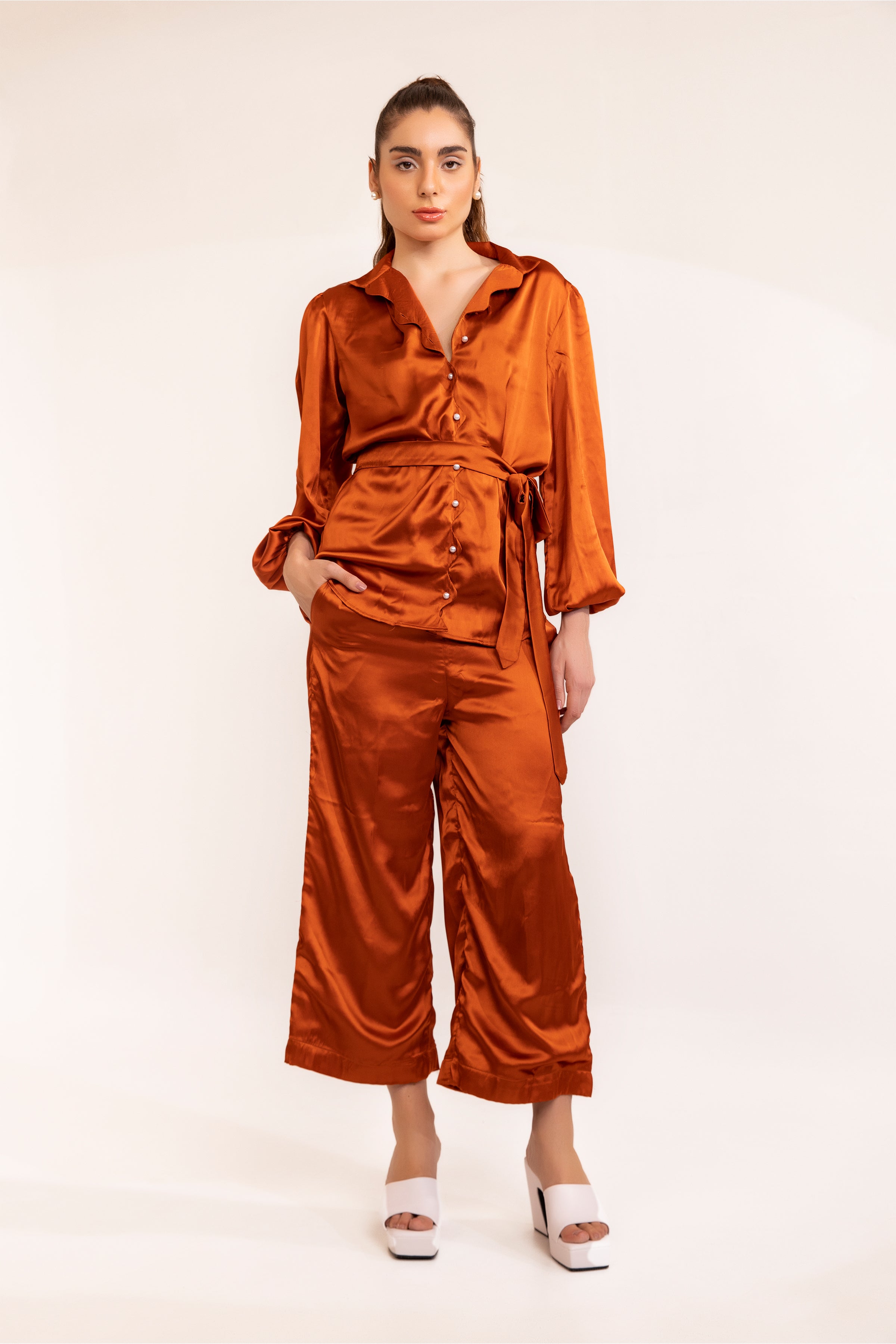 Rust Satin Scallop Cutout Placard Shirt with Coordinated Pant Set