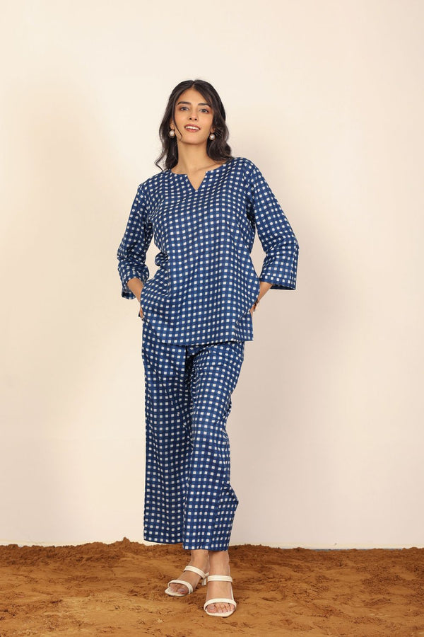 Blue and White Gingham Checks Print Two Piece Set Kurta Style V-Neck Top and Straight Pant 100% Cotton Co-ord Set