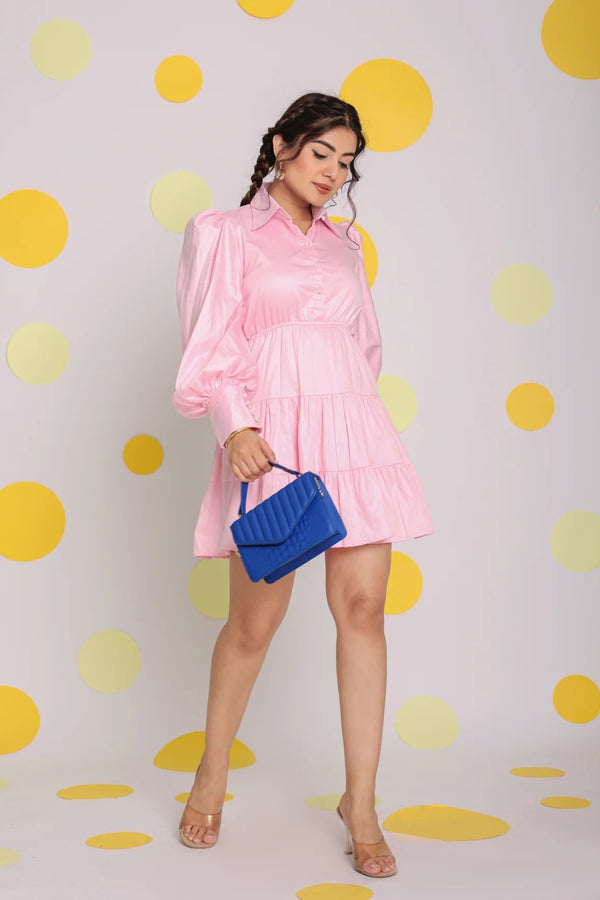 Baby Pink Bust Fitted Balloon Sleeves 100% Cotton Summer Mini Dress