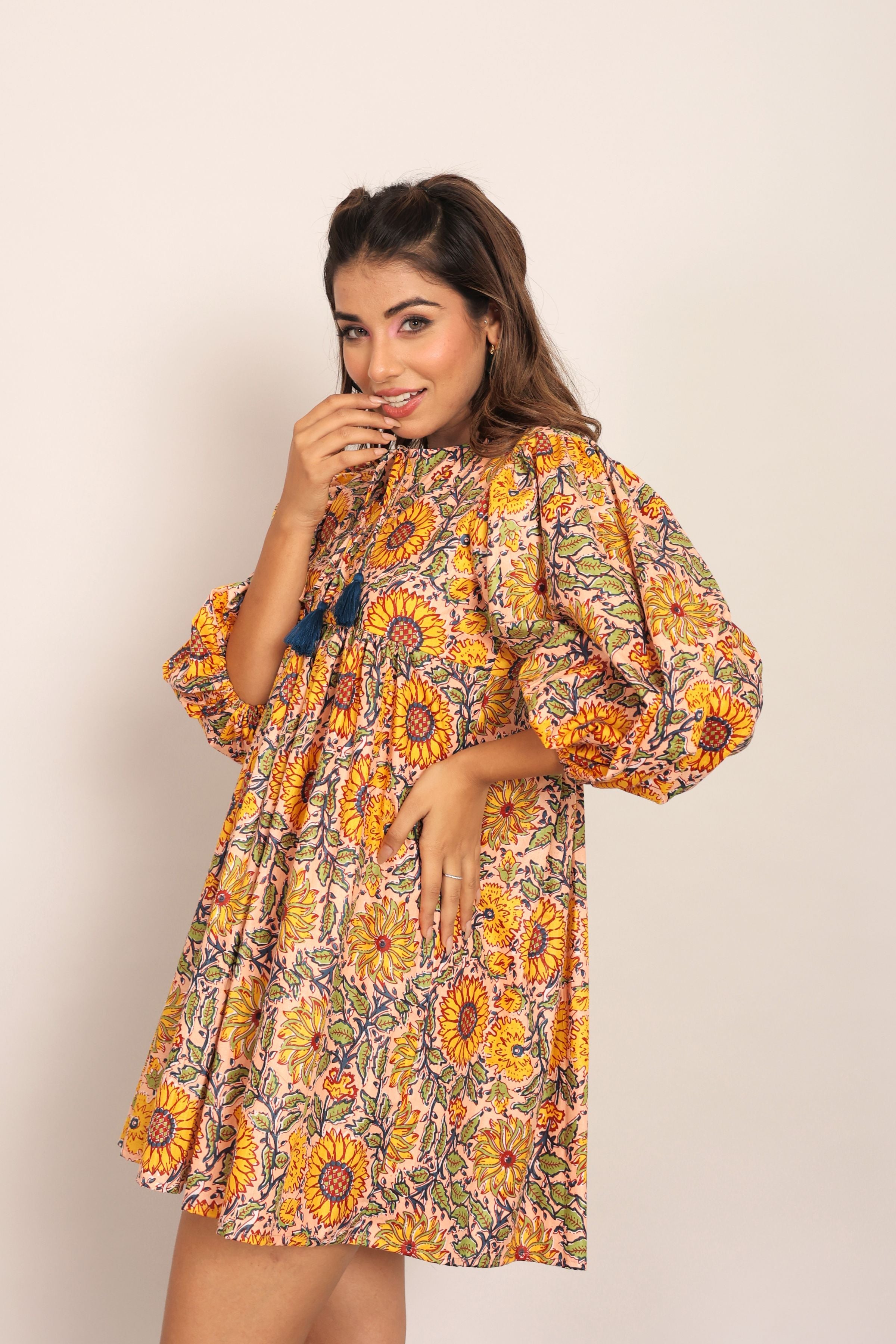 Sunflower Printed Yellow and Multicolor Relaxed Skater Short Dress - Kaoribyshreya