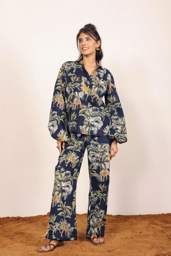 Navy Blue and Multicolor Printed Two Piece Set Coastal Print Balloon Sleeves Shirt and Wide Legs Pant Cotton Co-ord Set