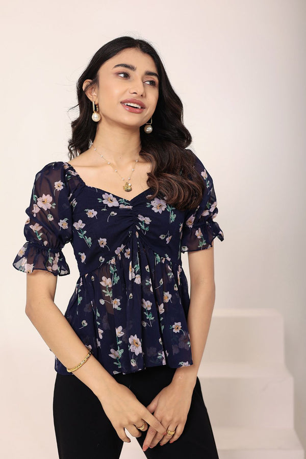 Dark Blue Floral Print Puff Sleeve Flared Top
