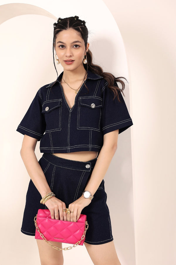 Blue Denim Cropped Top and Skort Coord Set
