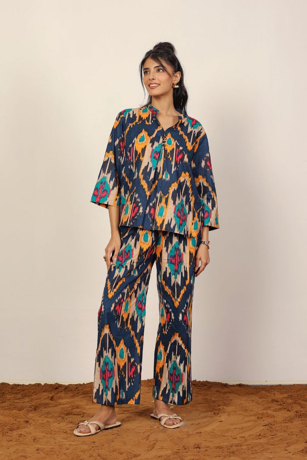 Multicolor Geometric Two Piece Set Blurred Print Shirt and Wide Leg Trouser Cotton Co-ord Sets