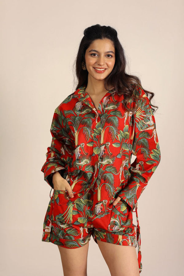 Red and Multi Tropical Summer Print Collared Shirts and Mini Shorts 100% Cotton Co-ord Set