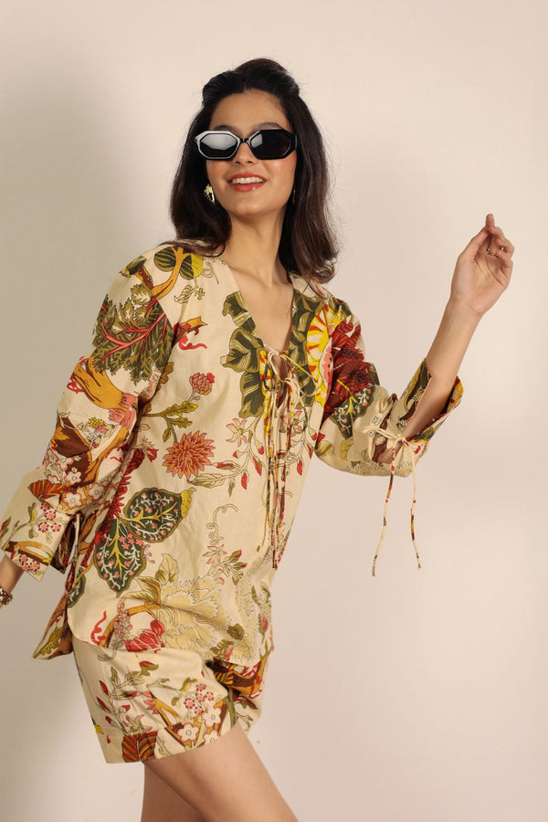 Beige and Multi Floral Oversized Kurta Style Top and  Mini Shorts 100% Cotton Co-ord Set