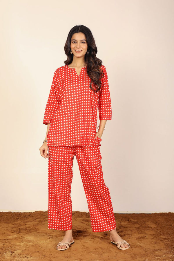 Red and White Gingham Checks Print Two Piece Set Kurta Style V-Neck Top and Straight Pant 100% Cotton Indo Western Co-ord Set
